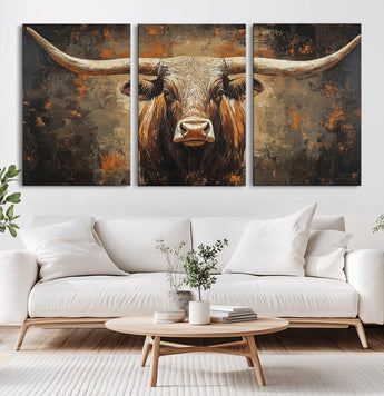 19204445-MGV-CV-36X24-Texas Longhorn Bull Wall Art – Rustic Western Canvas Print, Bold Cowboy Cattle Painting for Ranch House, Farmhouse, Office, or