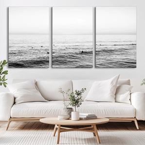 47208268-MGV-CV-36X24-Surfer Ocean Wall Art – Black and White Coastal Canvas Print, Minimalist Surfing Seascape Decor for Living Room, Bedroom, or Beach
