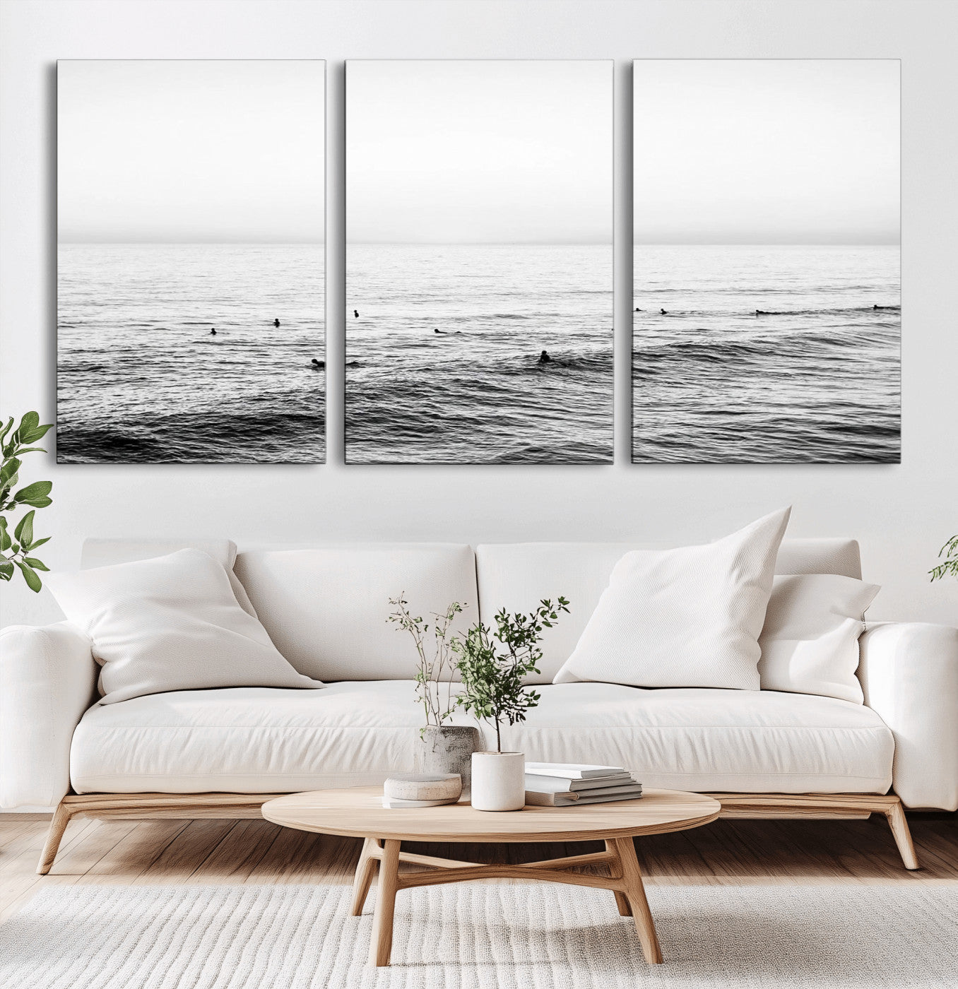 47208268-MGV-CV-36X24-Surfer Ocean Wall Art – Black and White Coastal Canvas Print, Minimalist Surfing Seascape Decor for Living Room, Bedroom, or Beach