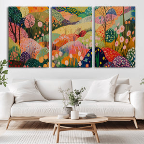 79636380-MGV-CV-36X24-Colorful Abstract Landscape Wall Art – Vibrant Hills and Flowers Canvas Print, Modern Whimsical Artwork for Living Room, Bedroom,