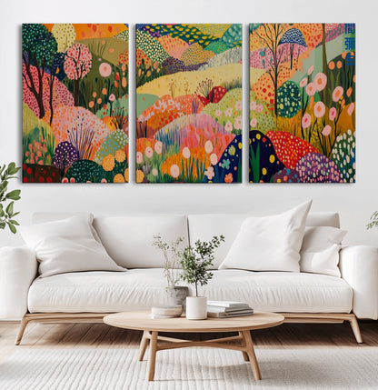79636380-MGV-CV-36X24-Colorful Abstract Landscape Wall Art – Vibrant Hills and Flowers Canvas Print, Modern Whimsical Artwork for Living Room, Bedroom,