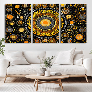 45478523-MGV-CV-36X24-Abstract Circle Wall Art – Bold Black and Gold Dot Painting Canvas Print, Modern Geometric Mandala Style Decor for Living Room or