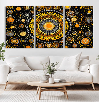 45478523-MGV-CV-36X24-Abstract Circle Wall Art – Bold Black and Gold Dot Painting Canvas Print, Modern Geometric Mandala Style Decor for Living Room or