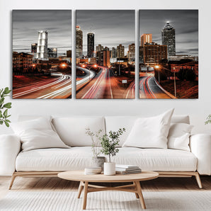 59097239-MGV-CV-36X24-City Skyline Wall Art – Modern Black and White Night Canvas Print with Red Light Trails, Urban Landscape Decor for Living Room or