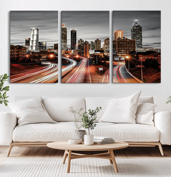 59097239-MGV-CV-36X24-City Skyline Wall Art – Modern Black and White Night Canvas Print with Red Light Trails, Urban Landscape Decor for Living Room or