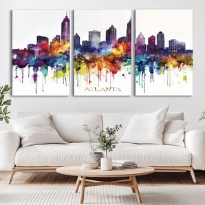36048320-MGV-CV-36X24-Atlanta Skyline Wall Art – Colorful Watercolor Cityscape Canvas Print with Text, Modern Abstract Urban Decor for Apartment or