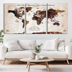 64869039-MGV-CV-36X24-Rustic World Map Wall Art – Vintage Adventure Travel Canvas Print, Earth Tone Decor with Inspirational Quote for Office, Living