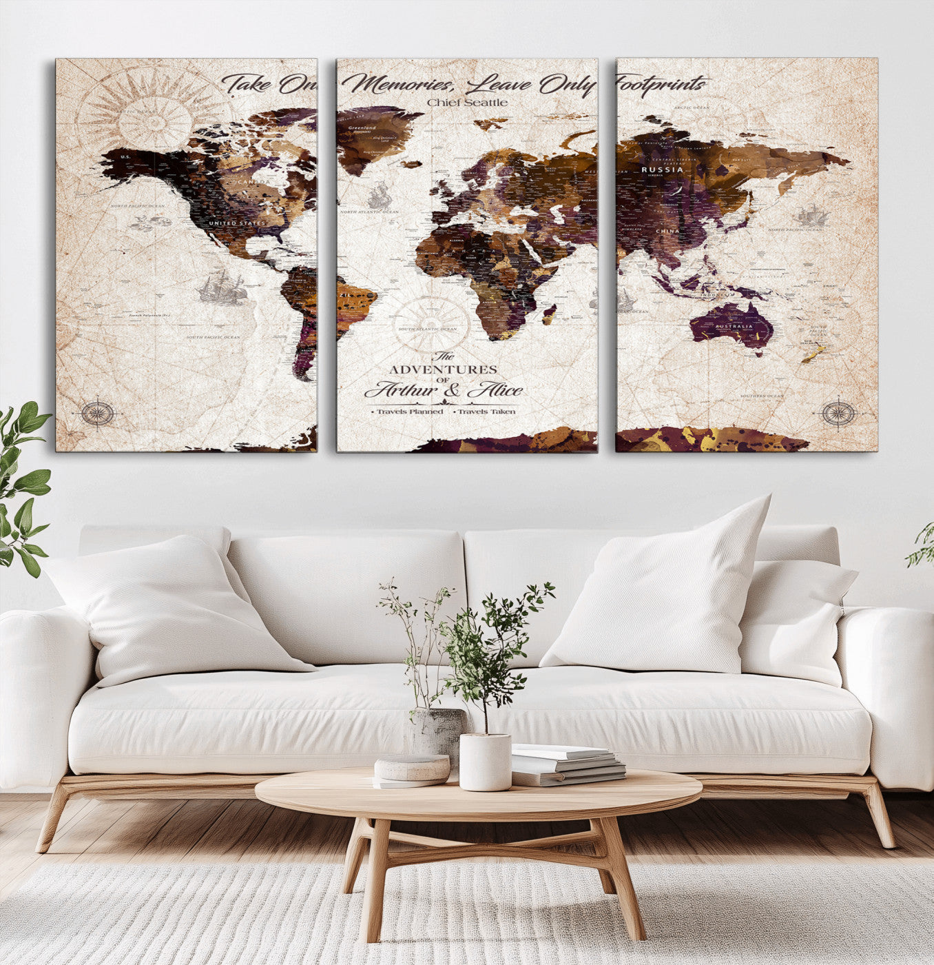 64869039-MGV-CV-36X24-Rustic World Map Wall Art – Vintage Adventure Travel Canvas Print, Earth Tone Decor with Inspirational Quote for Office, Living