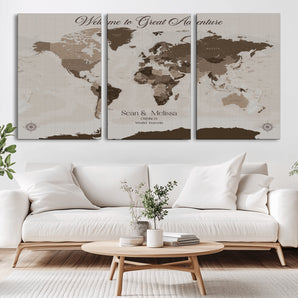 49871705-MGV-CV-36X24-Welcome to Great Adventure World Map Wall Art – Vintage Sepia Travel Canvas Print, Rustic Explorer Decor for Living Room, Bedroom