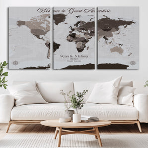 43749658-MGV-CV-36X24-Welcome to Great Adventure World Map Wall Art – Charcoal Gray Canvas Print, Rustic Travel Decor for Living Room, Study, Office or
