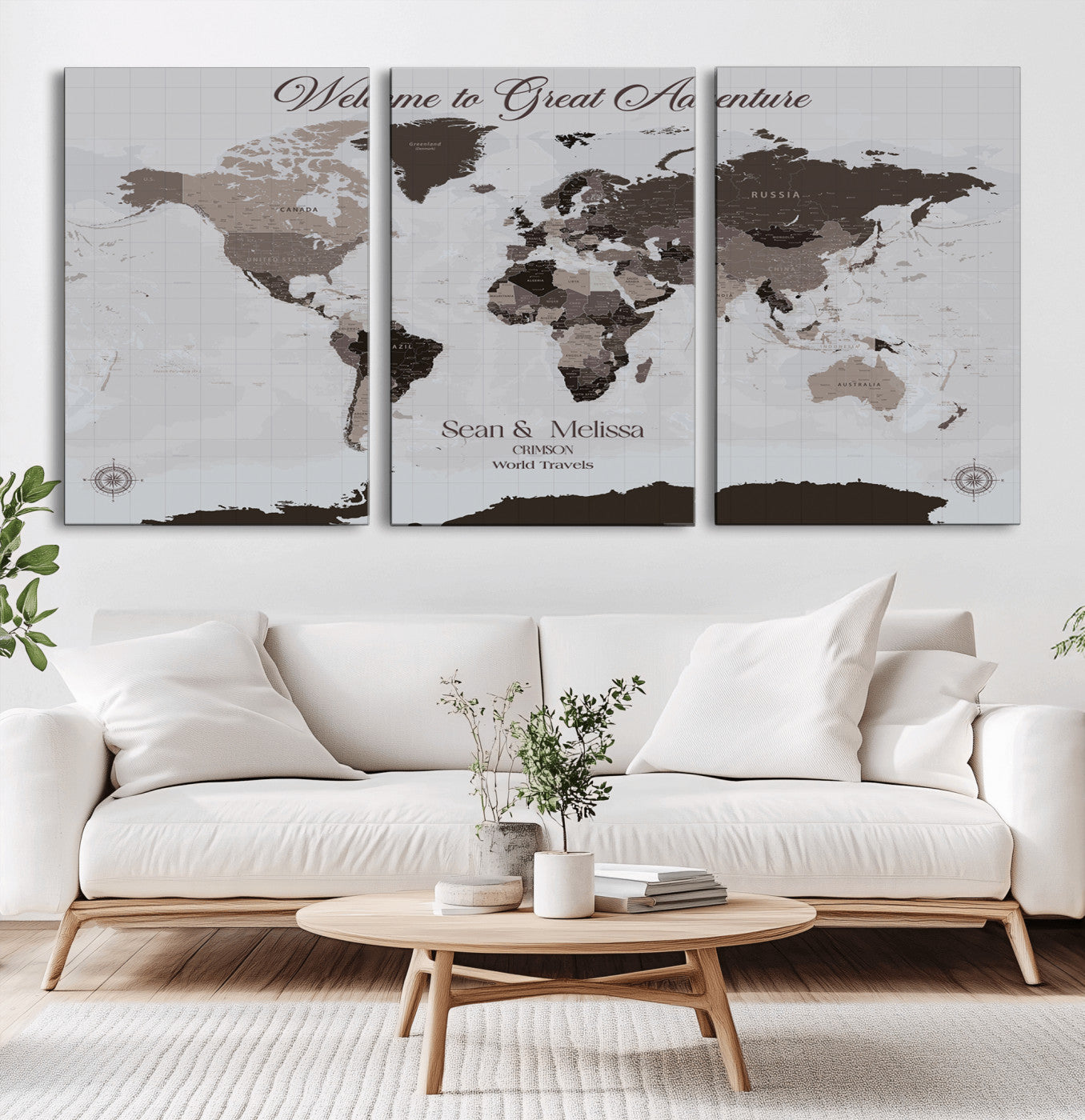 43749658-MGV-CV-36X24-Welcome to Great Adventure World Map Wall Art – Charcoal Gray Canvas Print, Rustic Travel Decor for Living Room, Study, Office or