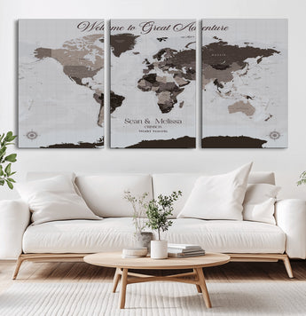 43749658-MGV-CV-36X24-Welcome to Great Adventure World Map Wall Art – Charcoal Gray Canvas Print, Rustic Travel Decor for Living Room, Study, Office or