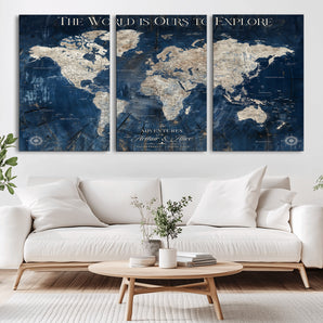 69367250-MGV-CV-36X24-The World is Ours to Explore Blue Rustic World Map Wall Art – Navy Antique Canvas Print, Adventure Travel Decor for Living Room,
