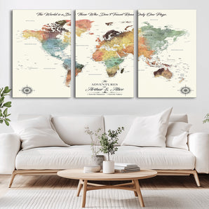 40183091-MGV-CV-36X24-Watercolor Pastel World Map Wall Art – Adventure Travel Canvas Print, Inspirational Quote Map Decor for Living Room, Office,