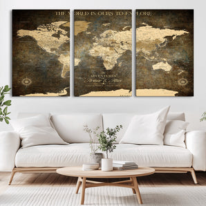 99276334-MGV-CV-36X24-Vintage Sepia World Map Wall Art – Antique Travel Adventure Canvas Print, Rustic Explorer Map Artwork, Classic Wanderlust Decor