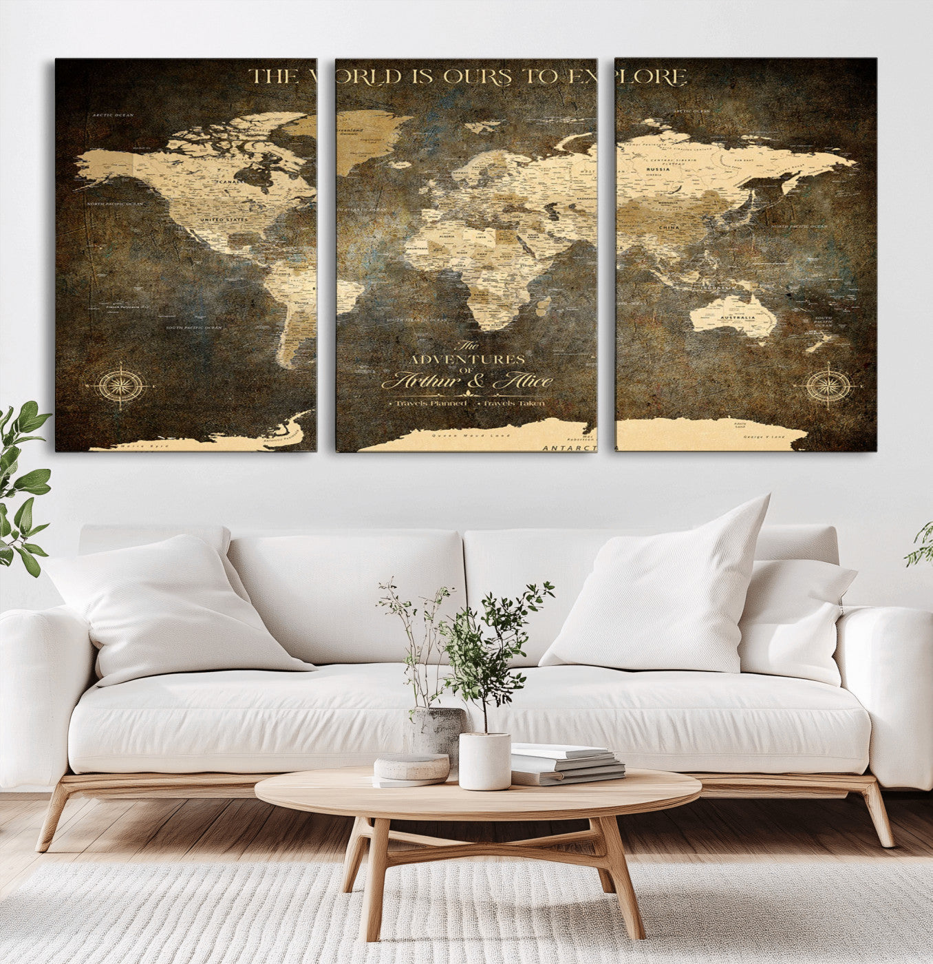 99276334-MGV-CV-36X24-Vintage Sepia World Map Wall Art – Antique Travel Adventure Canvas Print, Rustic Explorer Map Artwork, Classic Wanderlust Decor