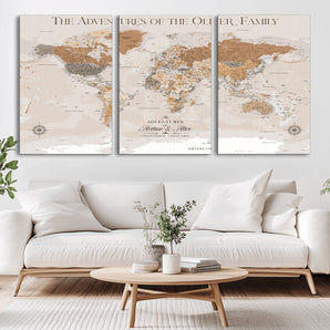 26237940-MGV-CV-36X24-Neutral Earth Tone World Map Wall Art – Modern Travel Adventure Canvas Print, Warm Beige Explorer Map Artwork, Minimalist