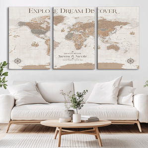 63516865-MGV-CV-36X24-Explore Dream Discover World Map Wall Art – Inspirational Travel Adventure Canvas Print, Neutral Parchment Style Explorer Decor