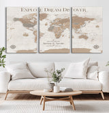 63516865-MGV-CV-36X24-Explore Dream Discover World Map Wall Art – Inspirational Travel Adventure Canvas Print, Neutral Parchment Style Explorer Decor