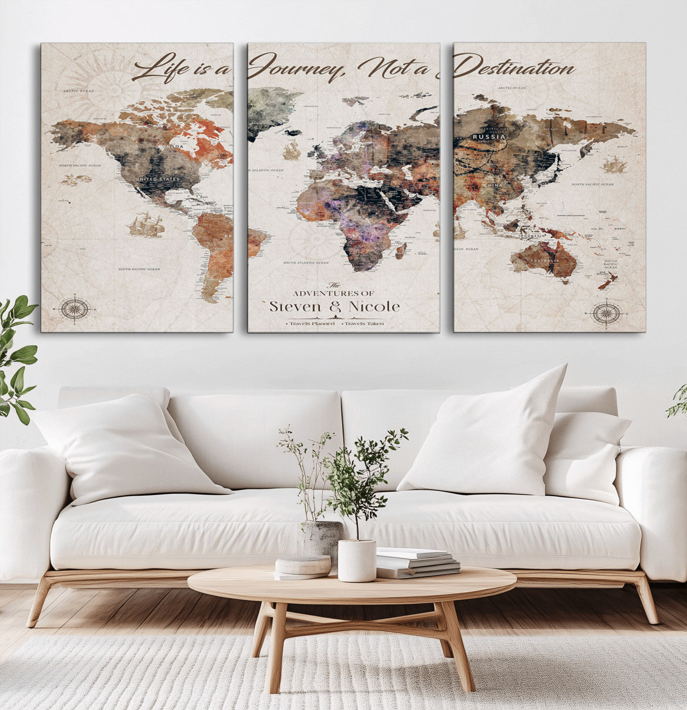 47737072-MGV-CV-36X24-Life is a Journey Not a Destination World Map Wall Art – Vintage Travel Adventure Canvas Print, Rustic Inspirational Decor for