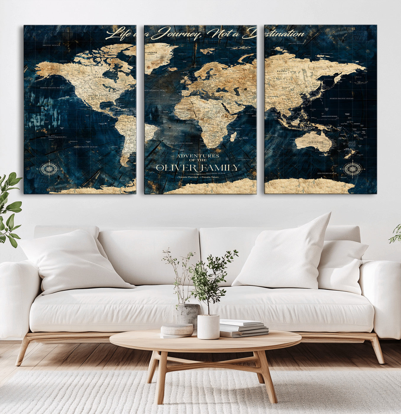 36970886-MGV-CV-36X24-Life is a Journey Not a Destination World Map Rustic Navy Beige Vintage Travel Wall Art Adventure Quote Canvas Print for Home