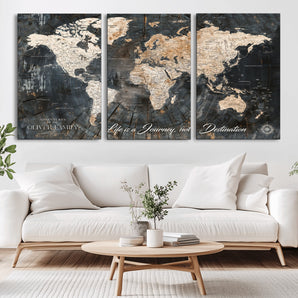 37848568-MGV-CV-36X24-Life is a Journey Not a Destination World Map Rustic Wood Texture Vintage Beige Navy Adventure Wall Art Canvas Print for Home