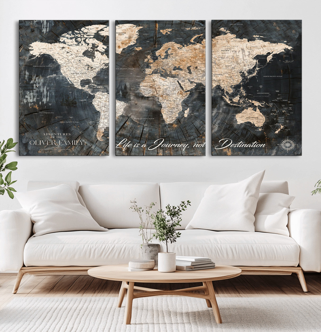 37848568-MGV-CV-36X24-Life is a Journey Not a Destination World Map Rustic Wood Texture Vintage Beige Navy Adventure Wall Art Canvas Print for Home
