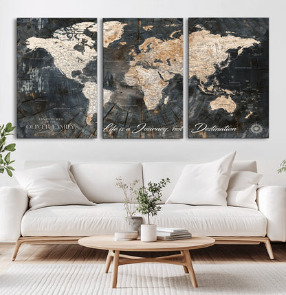 37848568-MGV-CV-36X24-Life is a Journey Not a Destination World Map Rustic Wood Texture Vintage Beige Navy Adventure Wall Art Canvas Print for Home