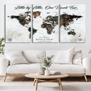 88337180-MGV-CV-36X24-Little by Little One Travels Far Tolkien Quote World Map Rustic Black Brown Adventure Wall Art Canvas Print for Home Office Living