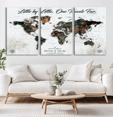 88337180-MGV-CV-36X24-Little by Little One Travels Far Tolkien Quote World Map Rustic Black Brown Adventure Wall Art Canvas Print for Home Office Living