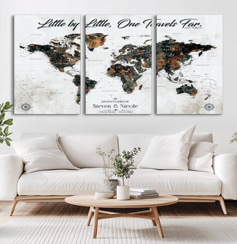 88337180-MGV-CV-36X24-Little by Little One Travels Far Tolkien Quote World Map Rustic Black Brown Adventure Wall Art Canvas Print for Home Office Living