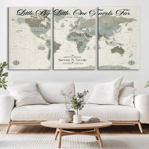 10693204-MGV-CV-36X24-Little By Little One Travels Far Tolkien Quote Blue Green World Map Adventure Wall Art Canvas Print Rustic Wanderlust Travel Decor