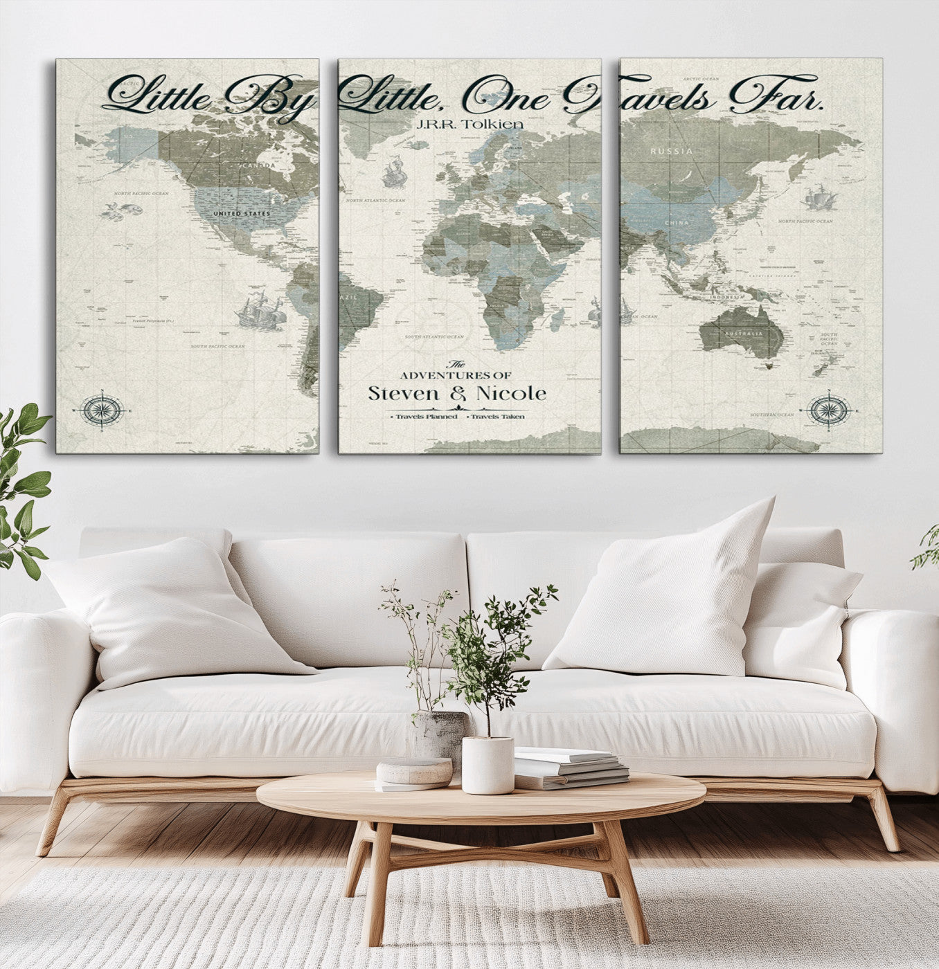 10693204-MGV-CV-36X24-Little By Little One Travels Far Tolkien Quote Blue Green World Map Adventure Wall Art Canvas Print Rustic Wanderlust Travel Decor
