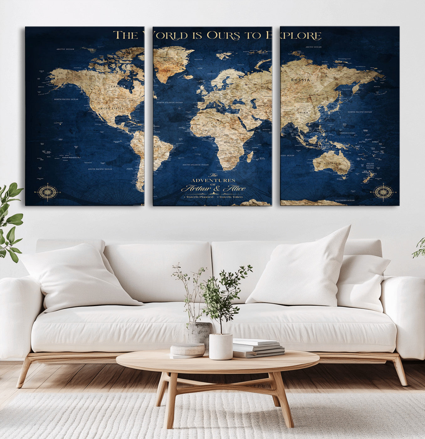 54782997-MGV-CV-36X24-The World is Ours to Explore Wall Art – Blue World Map Canvas Print, Adventure Travel Decor for Home, Office or Living Room,