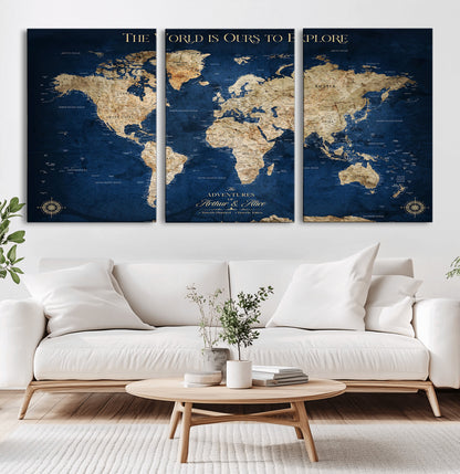 54782997-MGV-CV-36X24-The World is Ours to Explore Wall Art – Blue World Map Canvas Print, Adventure Travel Decor for Home, Office or Living Room,