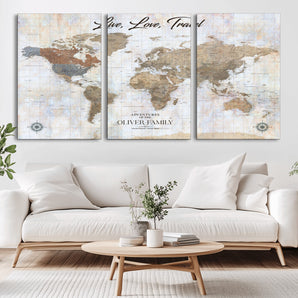 43924907-MGV-CV-36X24-Live Love Travel Wall Art – Neutral World Map Canvas Print, Rustic Adventure Decor for Home, Office or Living Room, Unique Gift