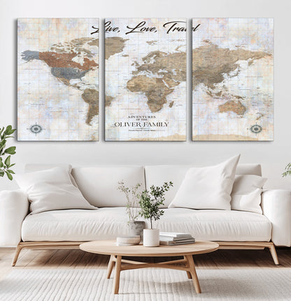 43924907-MGV-CV-36X24-Live Love Travel Wall Art – Neutral World Map Canvas Print, Rustic Adventure Decor for Home, Office or Living Room, Unique Gift