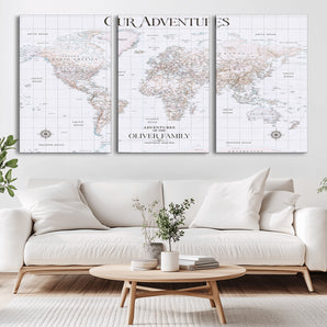 16134086-MGV-CV-36X24-Our Adventures Wall Art – Minimalist World Map Canvas Print, White Adventure Decor for Home, Office or Bedroom, Elegant Travel