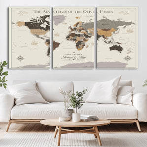 38723540-MGV-CV-36X24-Adventures of the Oliver Family Wall Art – Earth Tone World Map Canvas Print, Minimalist Travel Decor for Living Room, Bedroom or