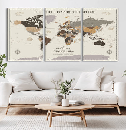 90024882-MGV-CV-36X24-The World is Ours to Explore Wall Art – Earth Tone World Map Canvas Print, Adventure Travel Decor for Living Room, Office or