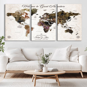 94024299-MGV-CV-36X24-Welcome to Great Adventure Wall Art – Vintage World Map Canvas Print, Rustic Travel Decor for Living Room, Office or Bedroom