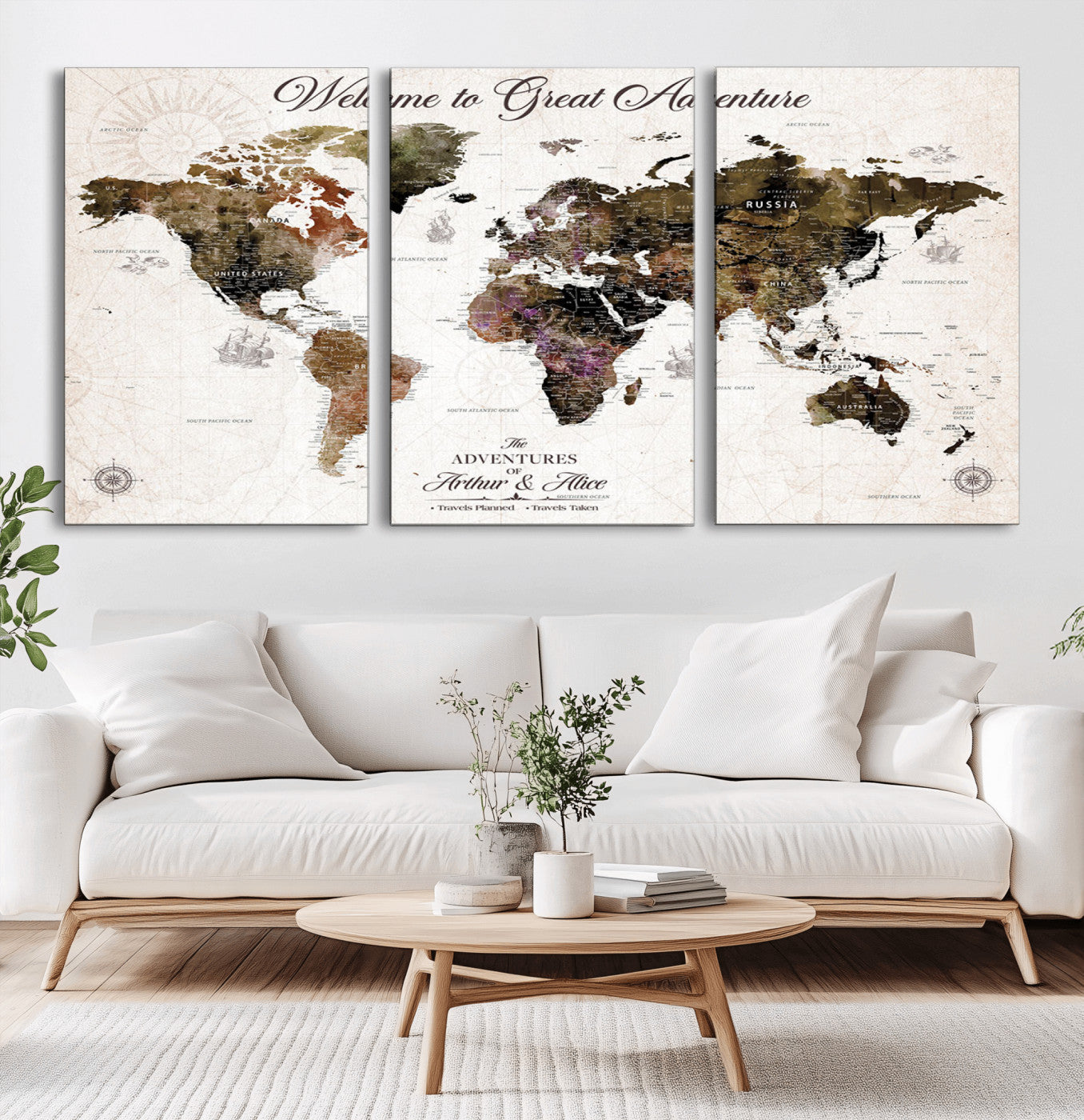 94024299-MGV-CV-36X24-Welcome to Great Adventure Wall Art – Vintage World Map Canvas Print, Rustic Travel Decor for Living Room, Office or Bedroom
