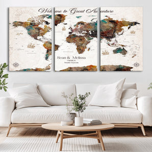 33176212-MGV-CV-36X24-Welcome to Great Adventure Wall Art – Colorful Watercolor World Map Canvas Print, Vibrant Travel Decor for Living Room, Office or