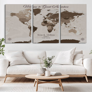 26961599-MGV-CV-36X24-Welcome to Great Adventure Wall Art – Vintage Sepia World Map Canvas Print, Rustic Travel Decor for Living Room, Bedroom, Office