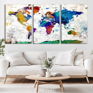 51312063-MGV-CV-36X24-Colorful World Map Wall Art – Abstract Watercolor Canvas Print, Modern Travel Decor for Living Room, Office, Classroom or