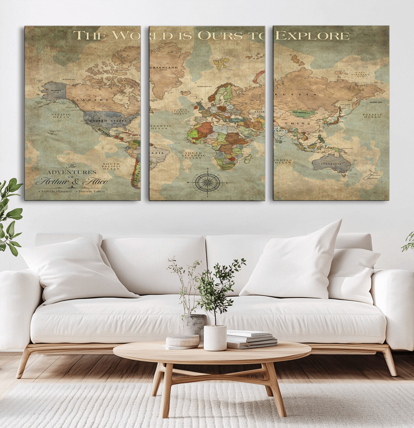 60021267-MGV-CV-36X24-Vintage World Map Wall Art – Antique Explorer Canvas Print, Rustic Travel Decor for Living Room, Office, Study or Wanderlust