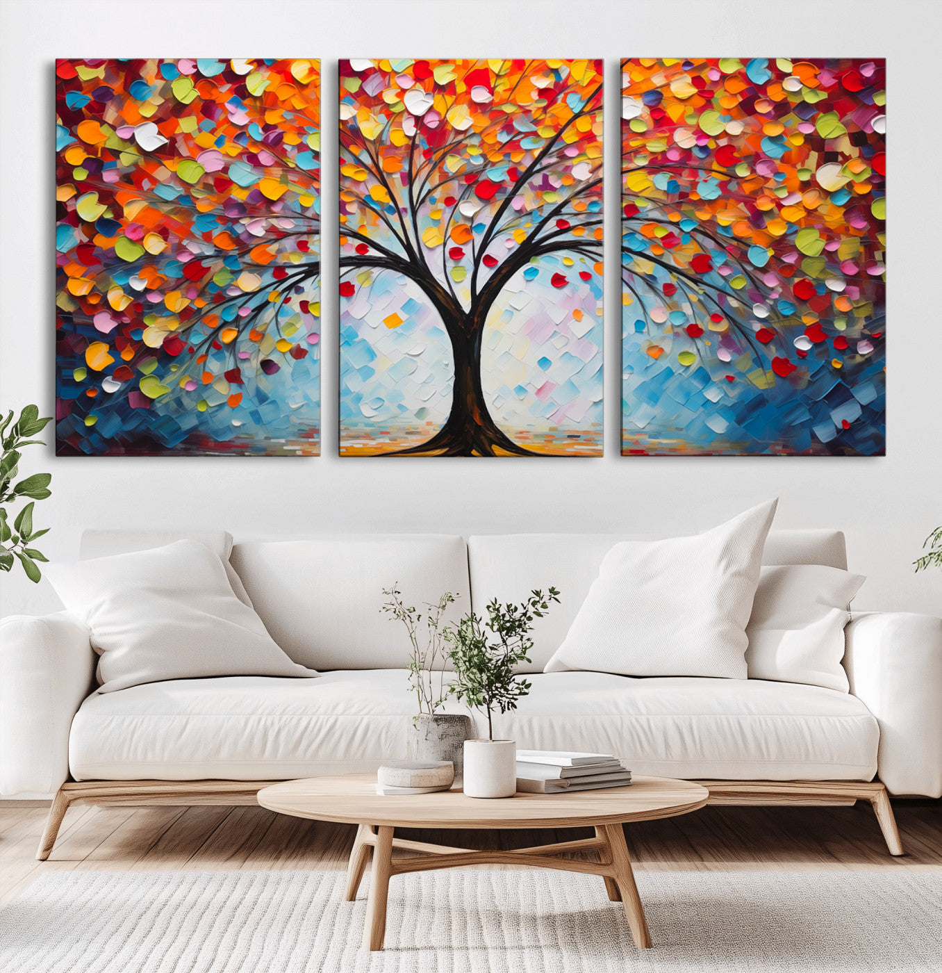 HS2447-MGV-CV-36X24-Colorful Abstract Tree Wall Art – Vibrant Palette Knife Painting, Modern Textured Canvas, Rainbow Nature Artwork for Living Room