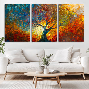 Mozaik2-MGV-CV-36X24-Mosaic Abstract Tree Wall Art – Vibrant Stained Glass Style Painting, Colorful Nature Artwork on Canvas, Modern Living Room