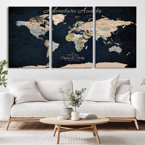 43186793-MGV-CV-36X24-World Map Wall Art – Vintage Adventure Awaits Canvas Print, Travel Inspired Push Pin Map Decor for Living Room, Office, Bedroom