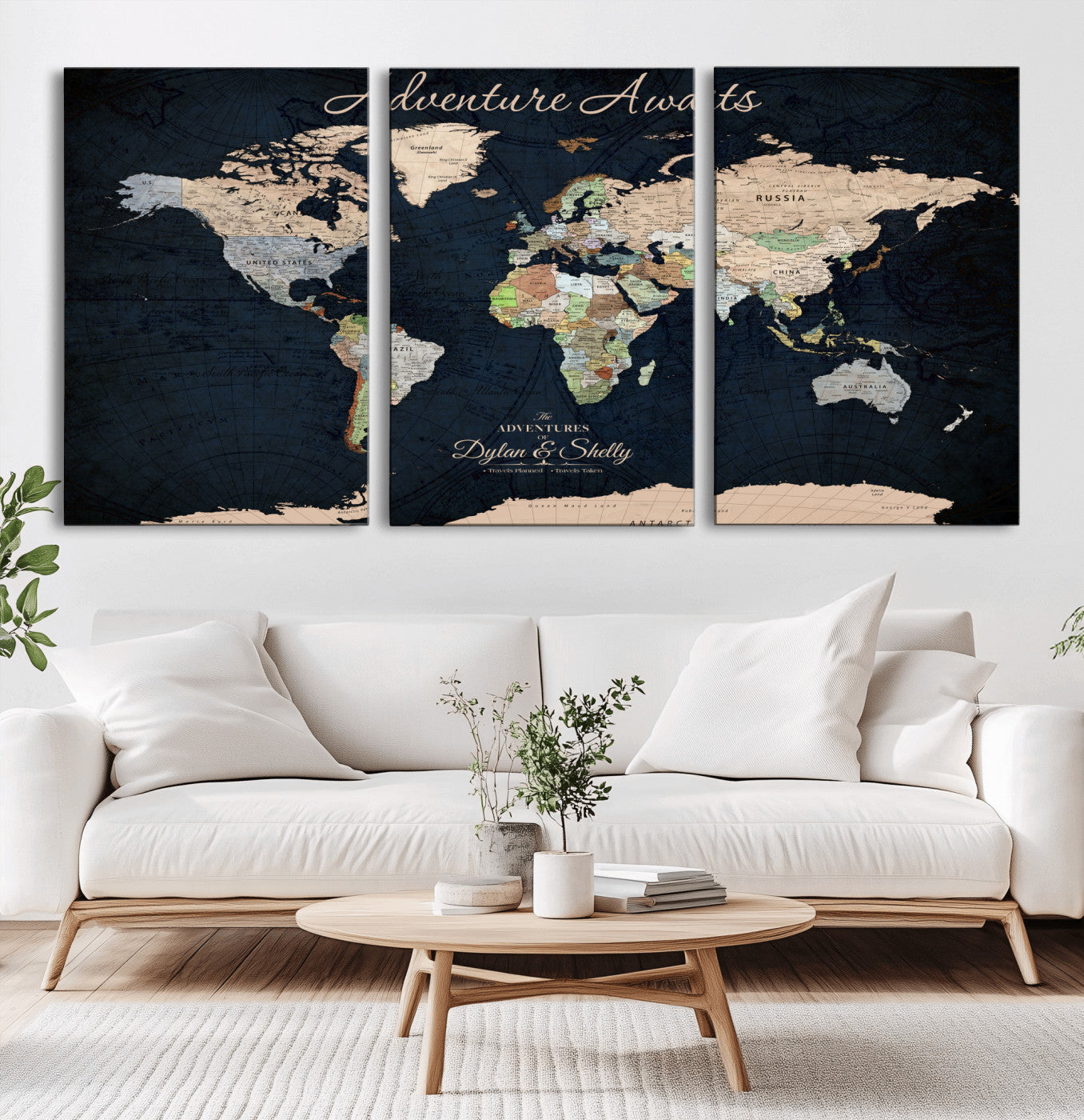43186793-MGV-CV-36X24-World Map Wall Art – Vintage Adventure Awaits Canvas Print, Travel Inspired Push Pin Map Decor for Living Room, Office, Bedroom